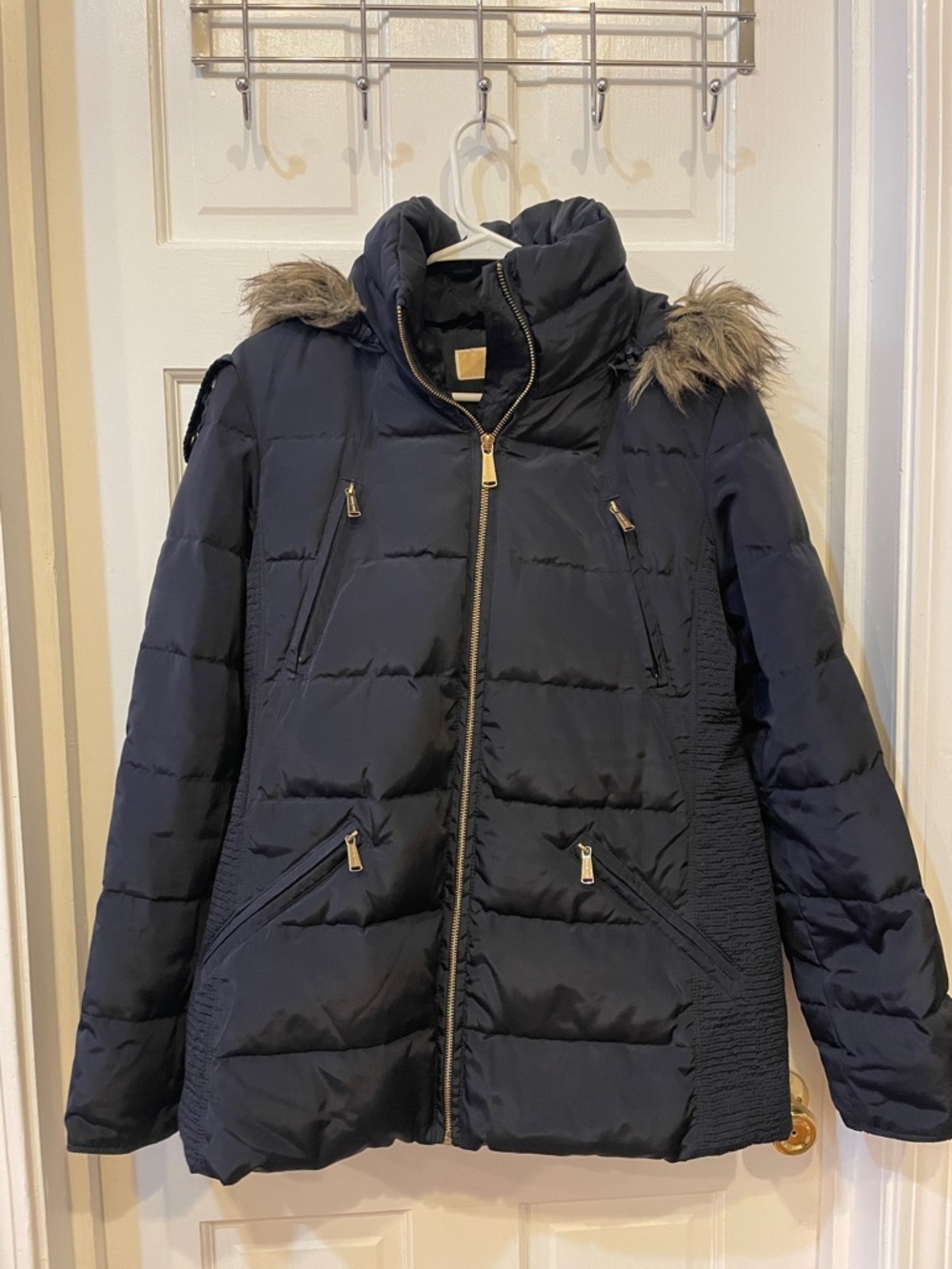Michael Kors Navy Quilted Puffer Coat with Faux Fur Hood Trim, detachable hood.